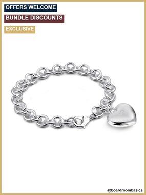 925 Sterling Silver Cable Wire Link Bracelet Heart Bell Pendant Chain